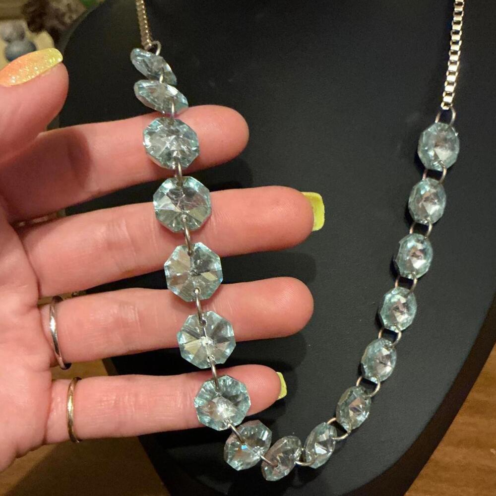 Vintage Stunning Chunky Aqua Octagon Faceted Crystal Bead Necklace